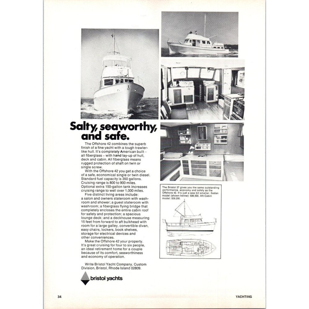 1971 Bristol Yachts Offshore 42 Motor Yacht Vintage Print Ad Nautical Wall Art